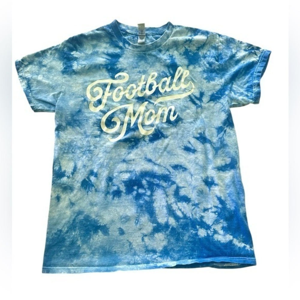 Football Mom Short Sleeve T-Shirt - Womens Size Medium - Blue White Tie Dye
